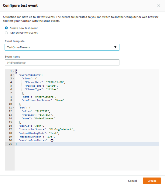 configura l'evento di test