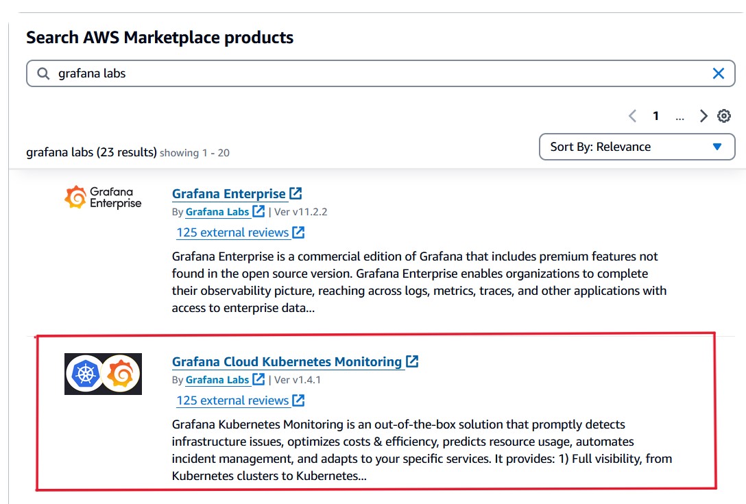 Search for Grafana Cloud Kubernetes Monitoring in AWS Marketplace
