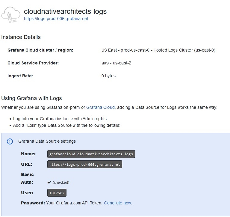 Grafana: cloudnativearchitects-logs