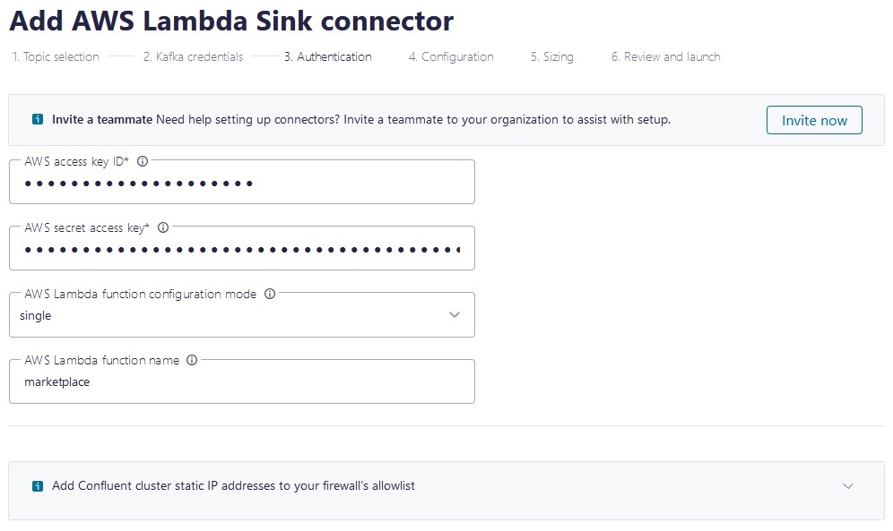 Add AWS Lambda Sink connector Authentication keys