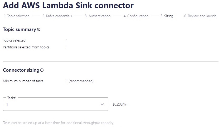 Add AWS Lambda Sink connector Sizing Topic
