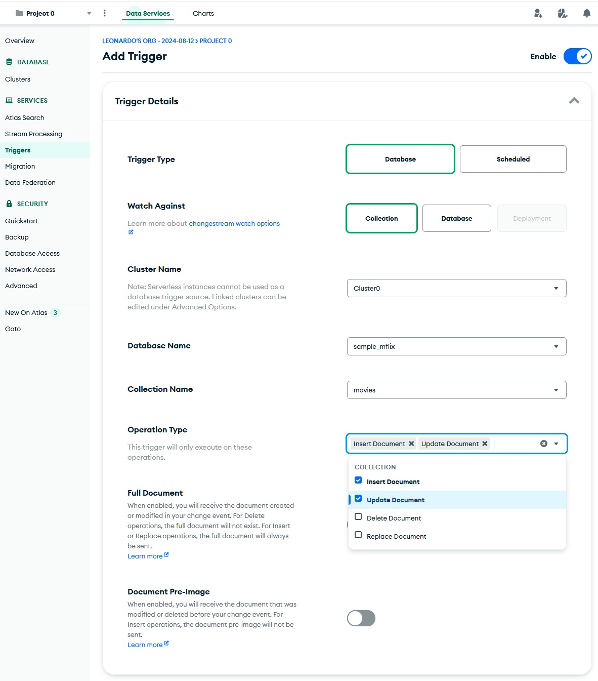 MongoDB Atlas Add Trigger settings