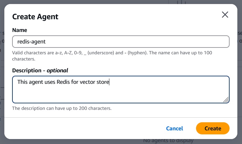 Configuring Amazon Bedrock Agents Create Agent Pop-up Window details