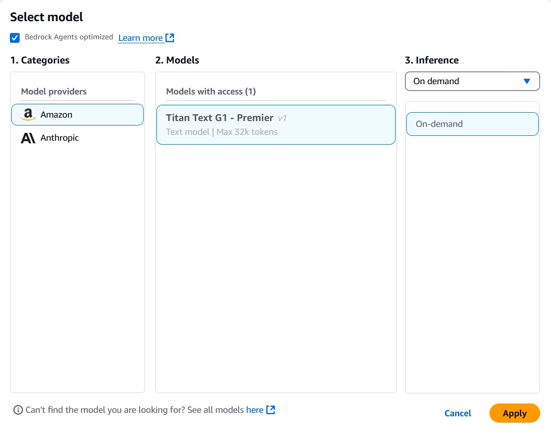 Select Model Categories Models Inference Amazon Titan Text G1 - Premier On-demand