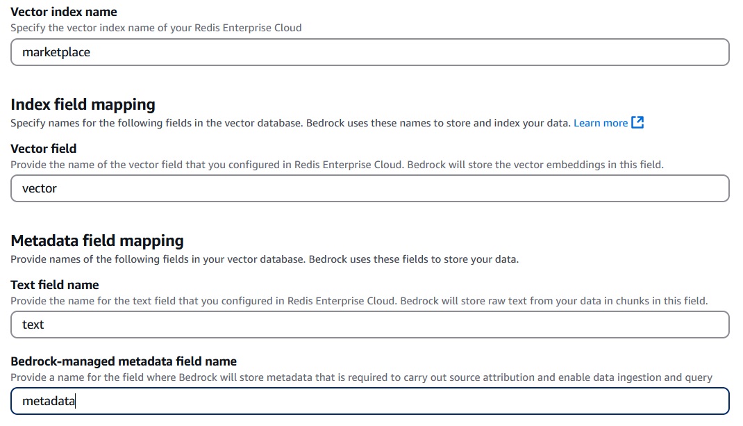 Redis Cloud vector index name marketplace vector metadata