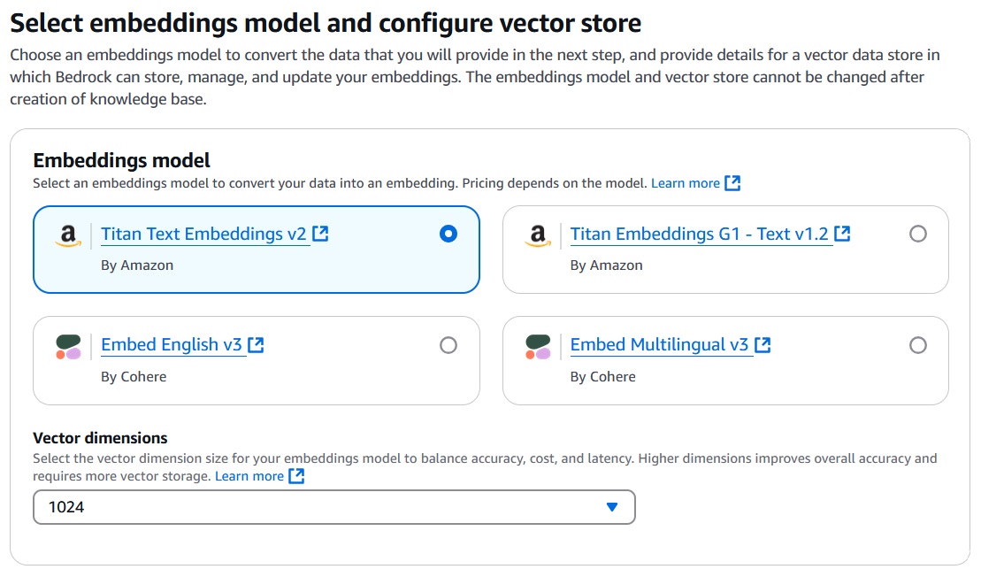 Select embeddings model and configure vector store Titan Text Embeddings v2