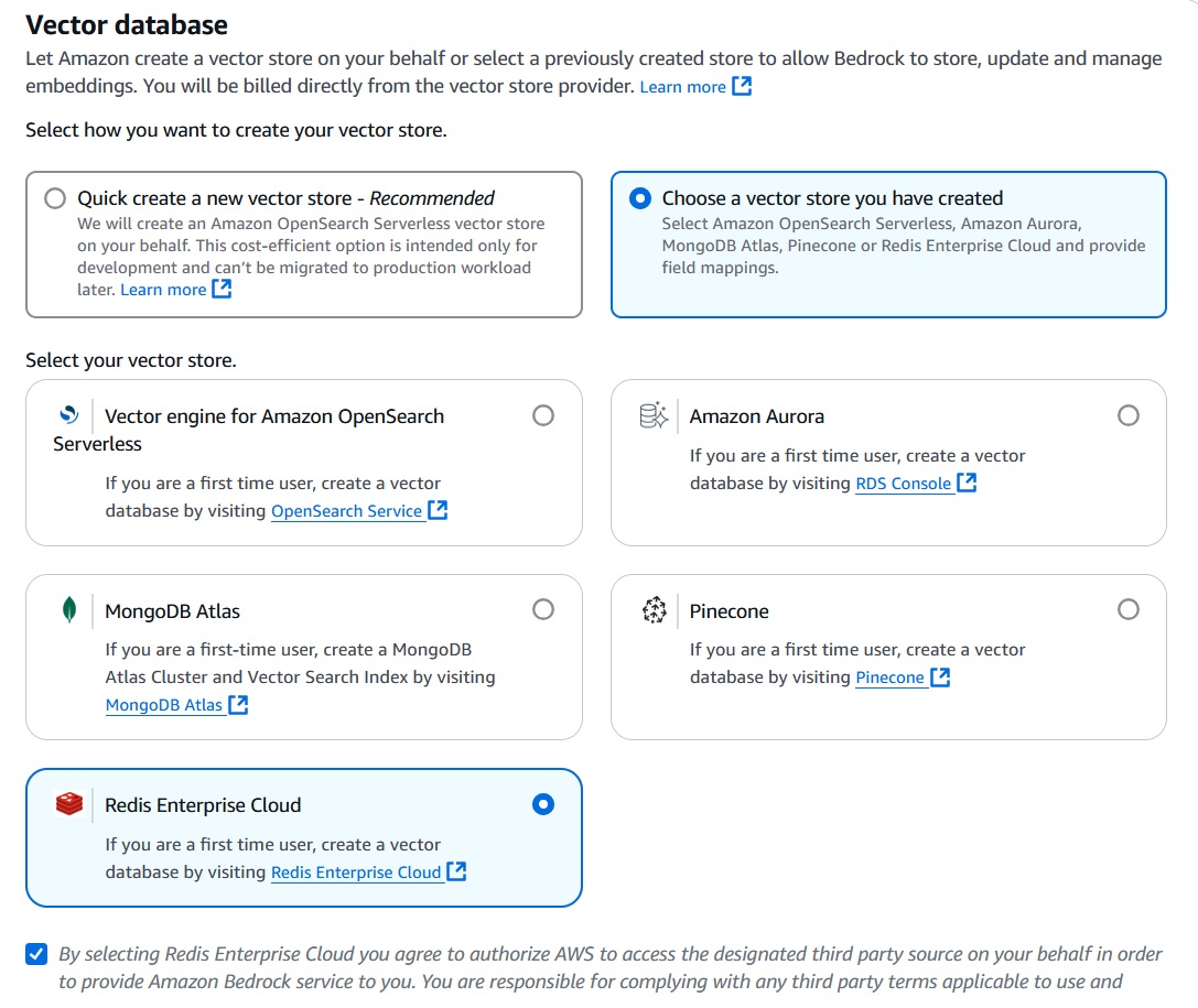 Vector database choose a vector store you have created Redis Enterprise Cloud