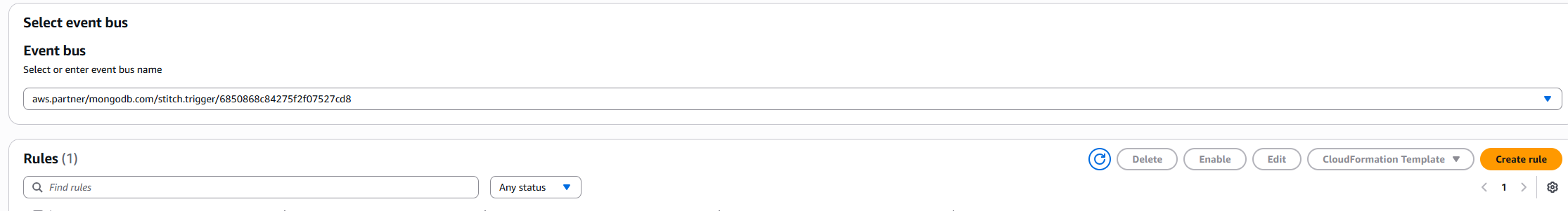 Select the correct Event bus from the dropdown list and Create rule