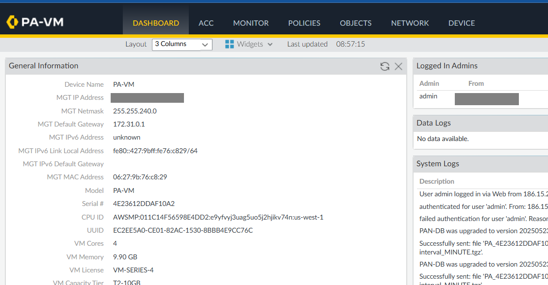 PANW Firewall admin interface