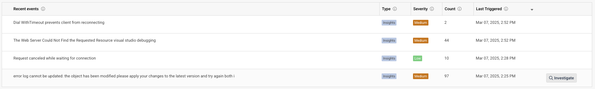 logz.io recent events