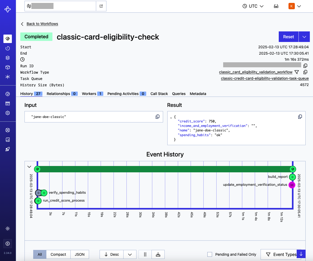 Temporal Cloud dashboard after workflow executed
