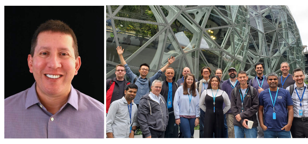左：AWS 高级解决方案架构师经理 Joe Palomina。右：来自 AWS 医疗保健与生命科学组织的解决方案架构师在西雅图市中心的 Amazon Spheres 大楼前合影留念。