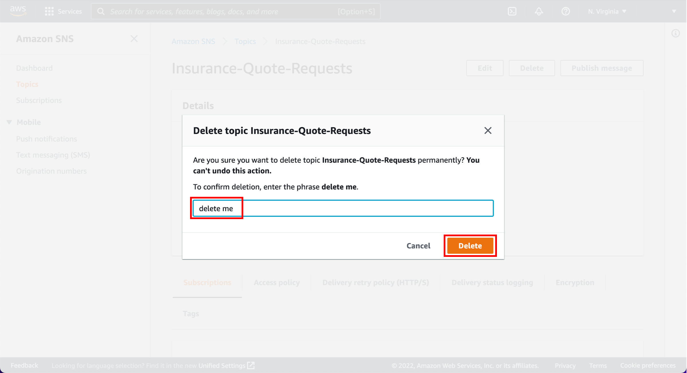 Delete topic dialog box, with "delete me" and Delete button highlighted.