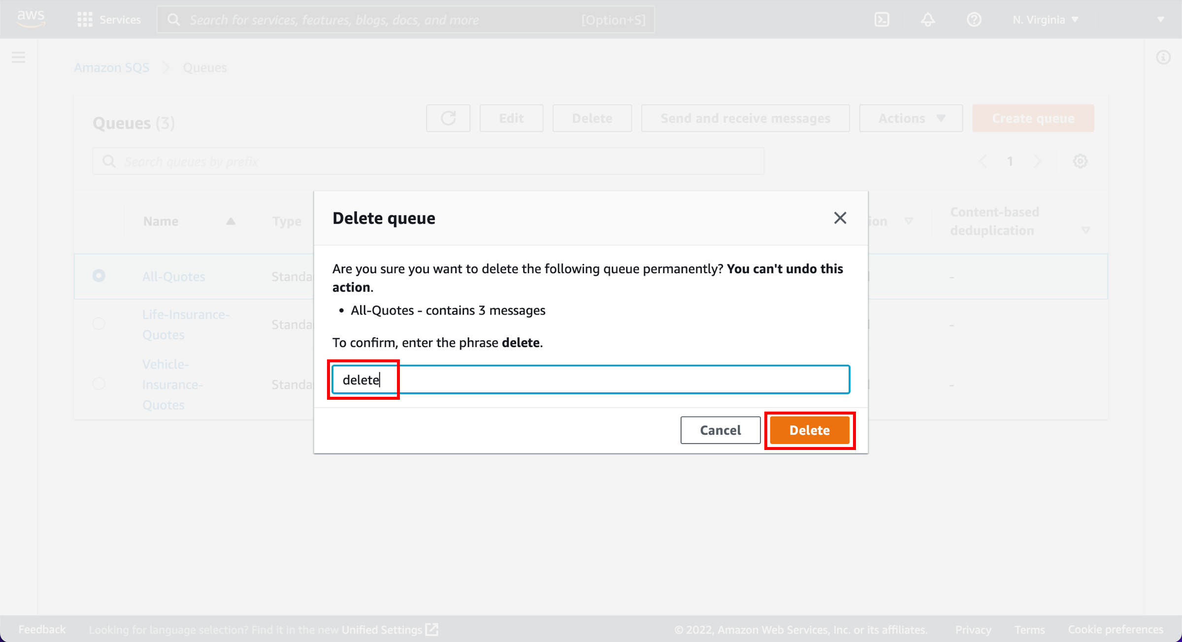 Delete queue dialog box, with "delete" text entry and Delete button highlighted.