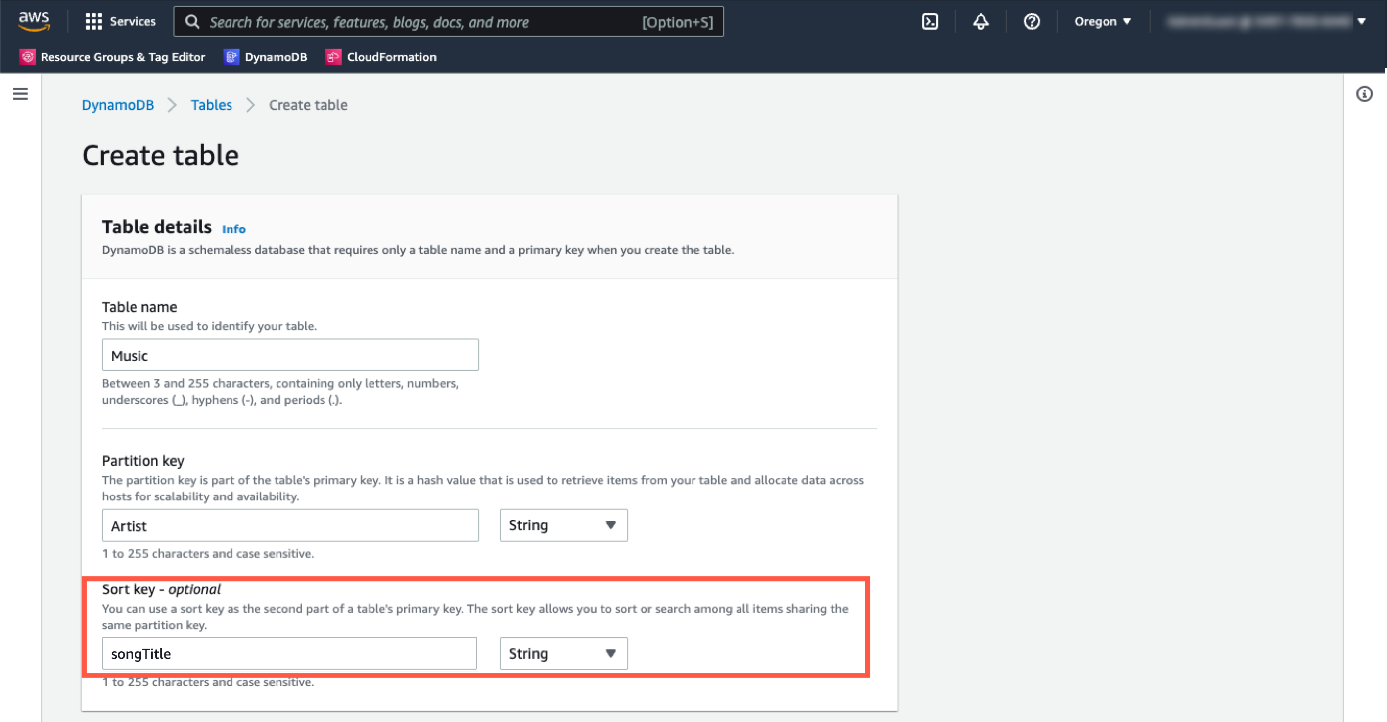 Type songTitle in the Add Sort key box