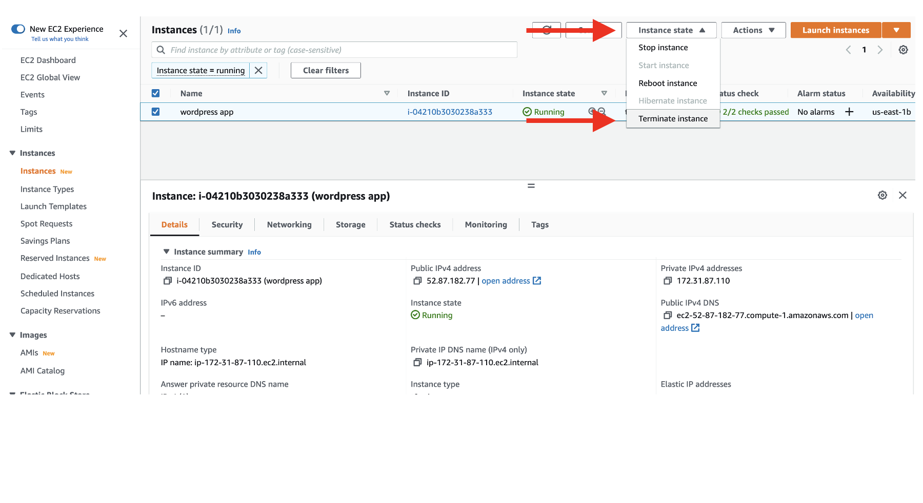 Navigate to Instance State > Terminate and click it.