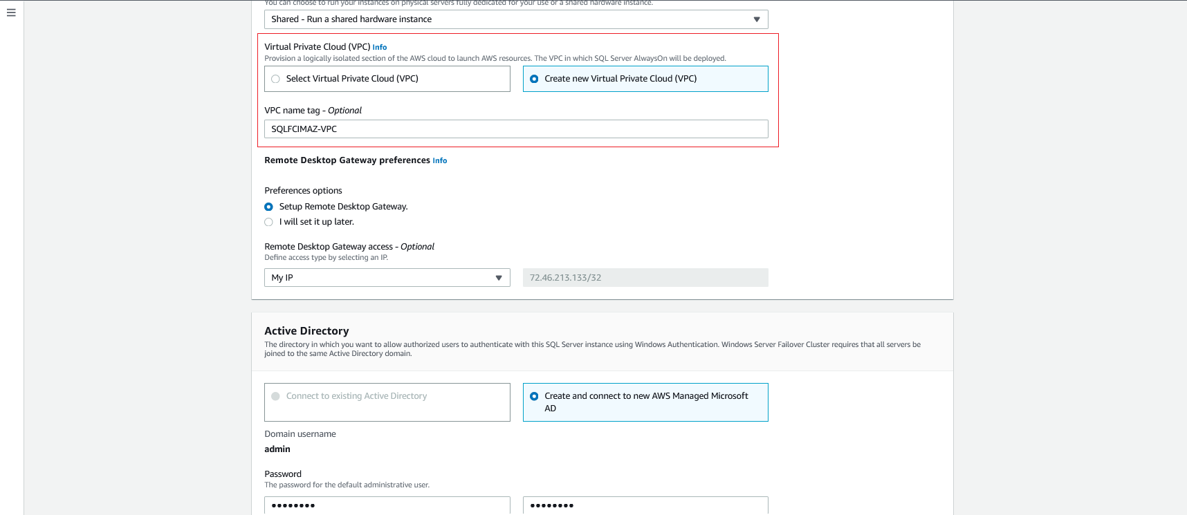 AWS Launch Wizard SQL Server configure VPC and RDG settings