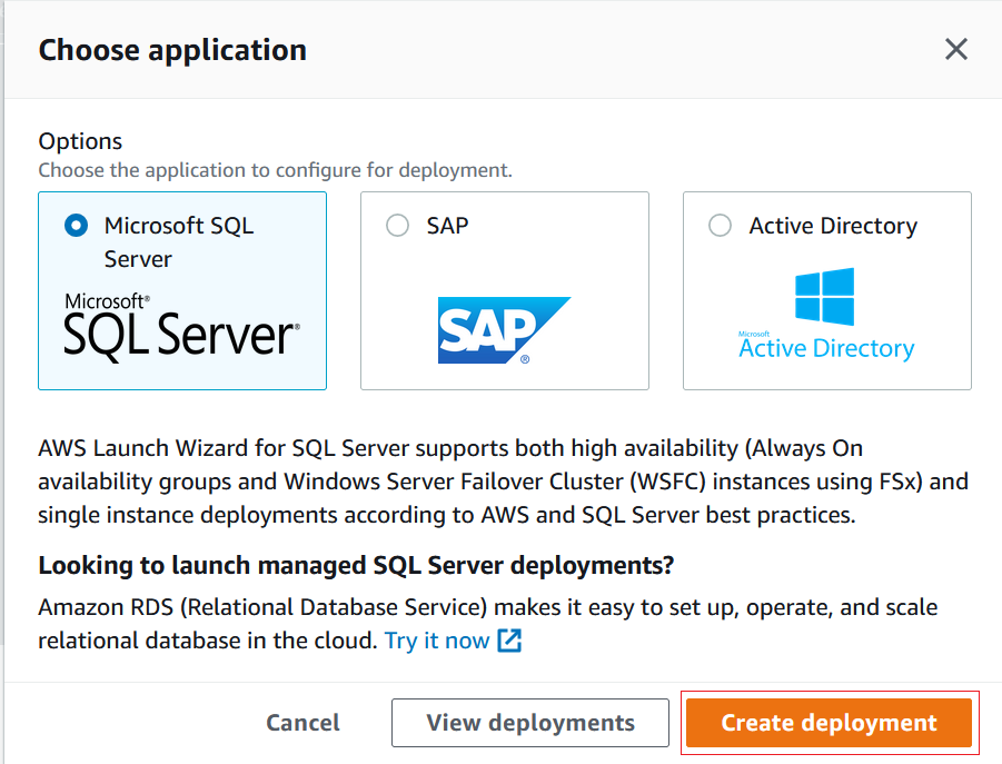 AWS Launch Wizard - Choose Application Screen