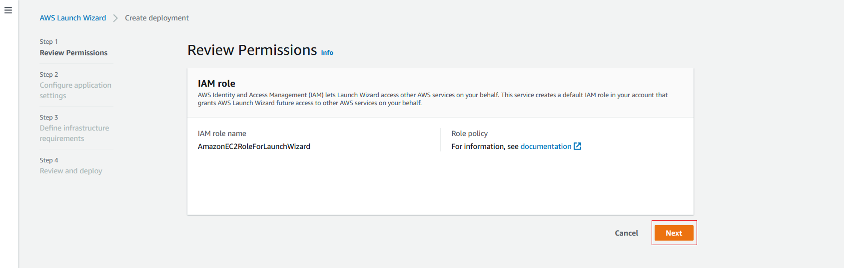 AWS Launch Wizard - Review permissions and IAM role