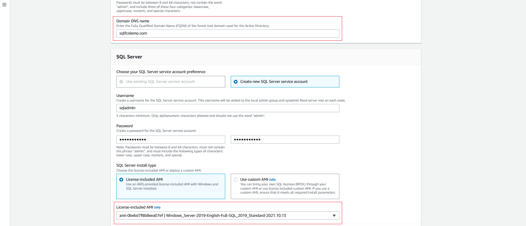 AWS Launch Wizard SQL Server configure DNS Domain name and SQL AMI details