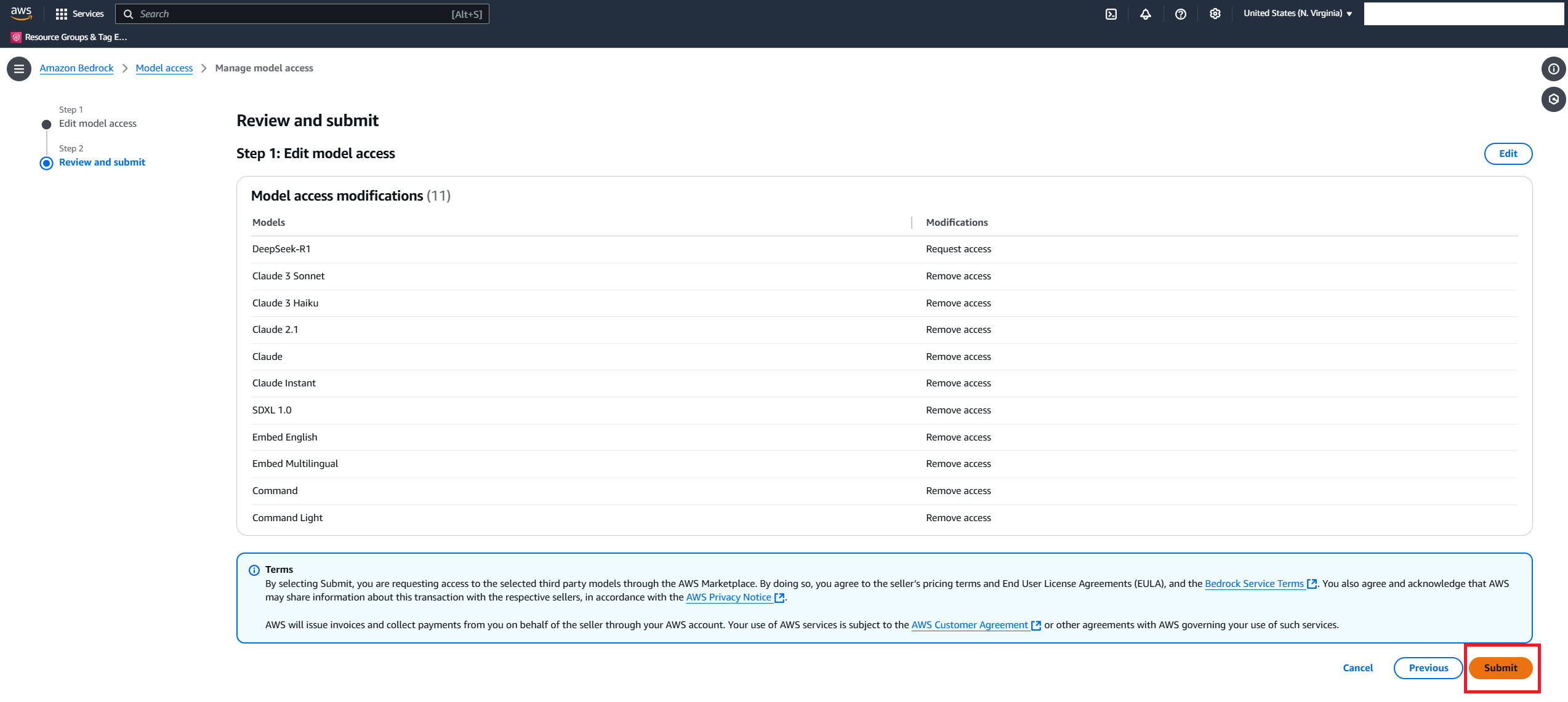 AWS Bedrock Model Access Review and Submit