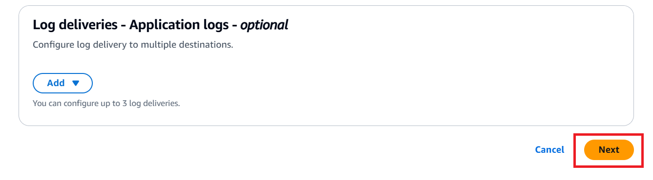 AWS Log Deliveries Application Logs Next Button