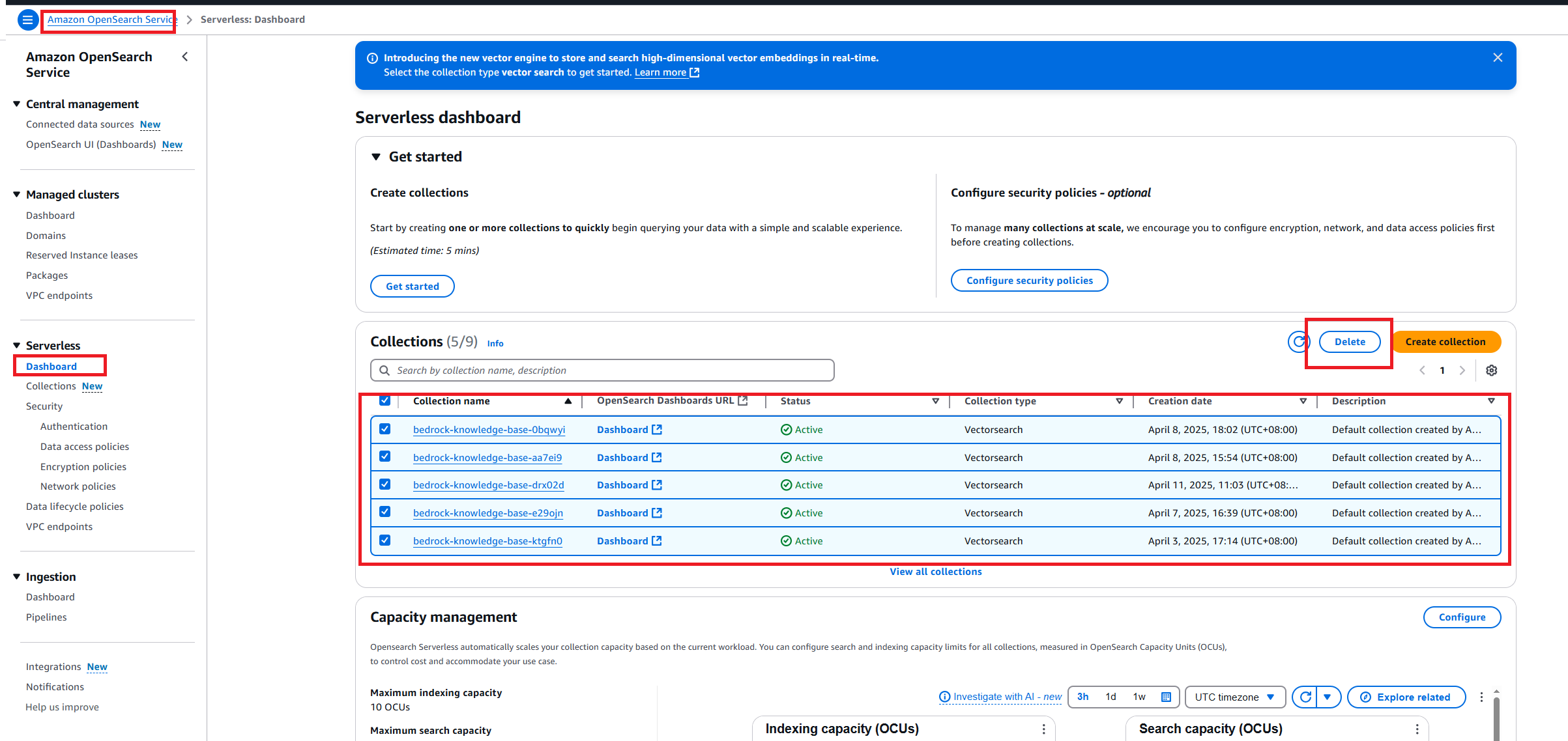AWS OpenSearch Serverless Dashboard Collections Management