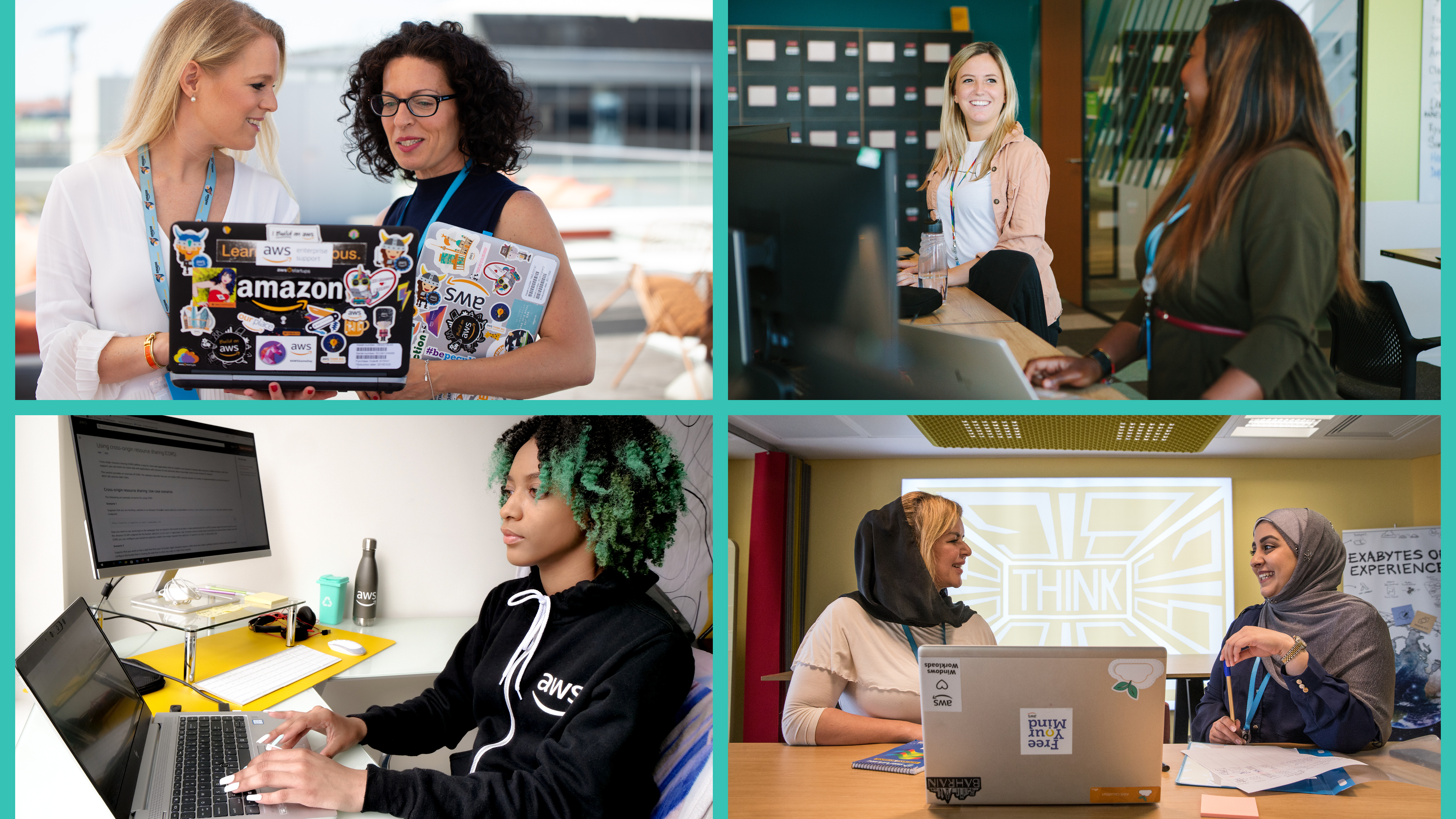 A collage of women in diverse workplace settings at AWS, highlighting teamwork, technology, and workplace diversity.