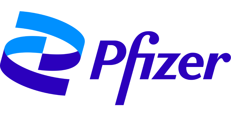 The Pfizer logo featuring a stylized blue and light blue swoosh accompanied by the word 'Pfizer' in bold, modern lettering.