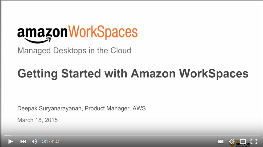 Title slide of a presentation titled 'Getting Started with Amazon WorkSpaces', featuring managed desktops in the cloud, presented by Deepak Suryanarayanan, Product Manager at AWS, dated March 18, 2015.