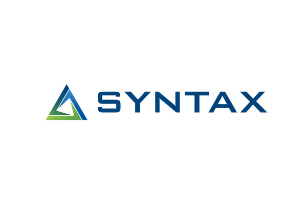 Logo of Syntax company featuring a blue and green triangular design next to the word 'SYNTAX' in bold blue letters on a white background.