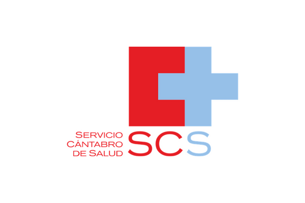 Logo of the Servicio Cántabro de Salud (SCS) featuring a red square with a blue medical cross and the text 'Servicio Cántabro de Salud SCS' on a white background.