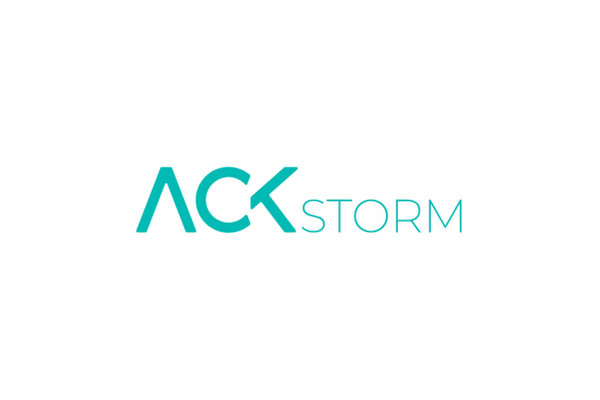 ACK Storm logo with teal text on a white background.