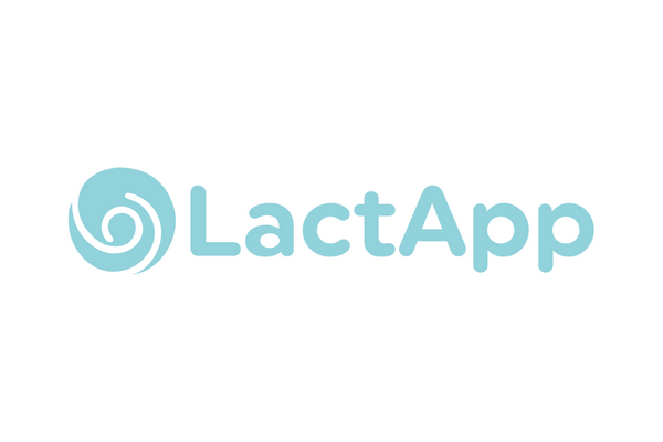 LactApp logo featuring blue text 'LactApp' and a swirl icon on a white background.