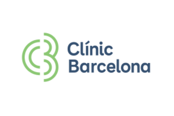 The logo for Clínic Barcelona featuring a stylized 'CB' in green alongside the name in blue text on a white background.