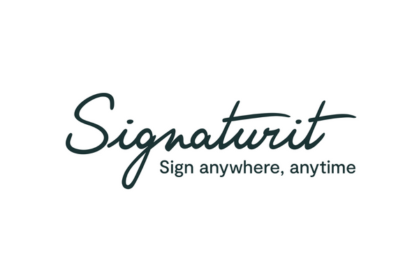Signaturit company logo with the tagline 'Sign anywhere, anytime' on a white background.