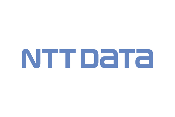 NTT DATA logo with blue text on a white background.