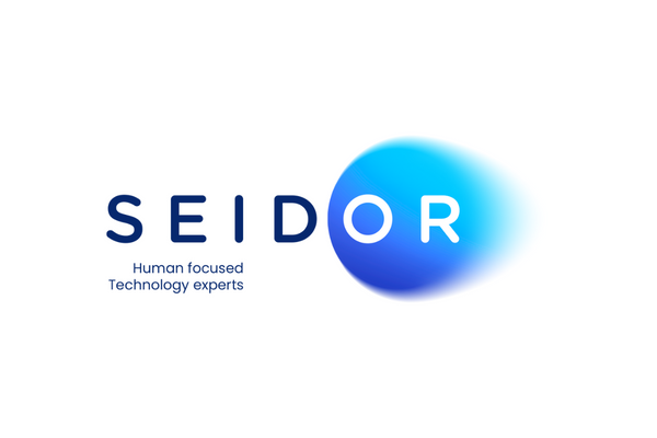 Seidor company logo featuring the slogan 'Human focused Technology experts' with a blue gradient design element.