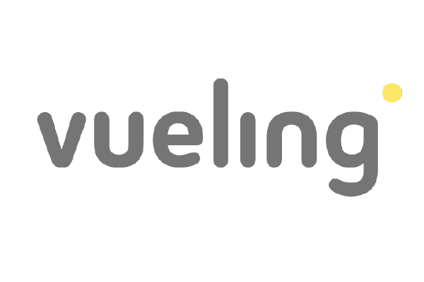 The logo of Vueling Airlines, featuring the word 'vueling' in gray lowercase letters with a yellow dot above the 'g'.