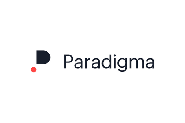 A modern minimalist logo for Paradigma, featuring a stylized 'P' shape with a red dot on a white background.