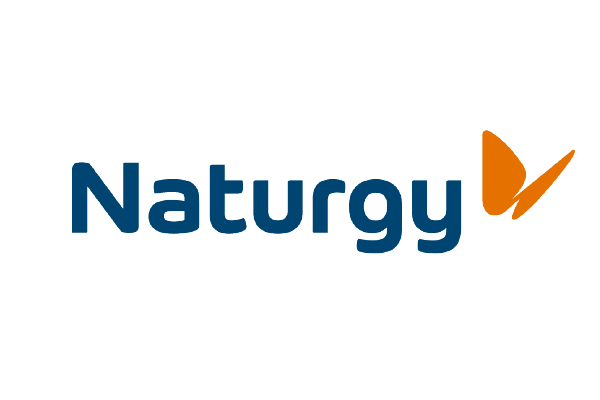 Naturgy logo featuring the company name in blue text with an orange butterfly graphic on a white background.