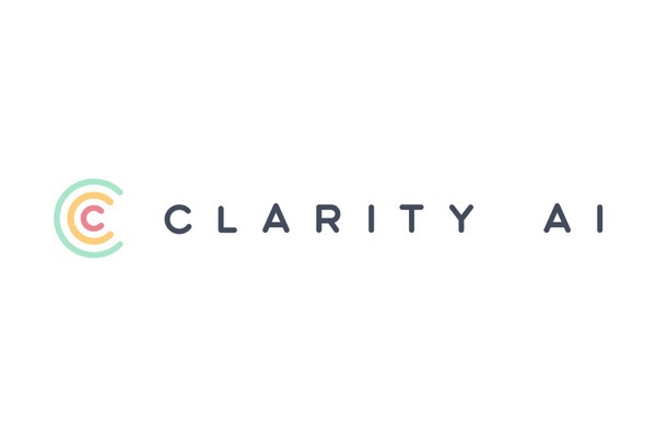 Clarity AI logo in a horizontal format with modern styling and colorful circular design element, on a white background.