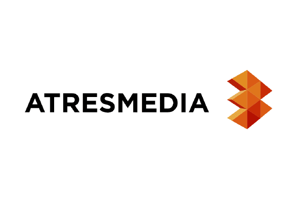 Atresmedia logo featuring bold black text and an orange geometric icon on a white background.