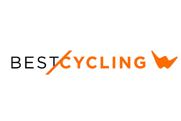 Logo for BestCycling featuring black and orange text with a stylized diagonal line and an abstract orange shape on a white background.