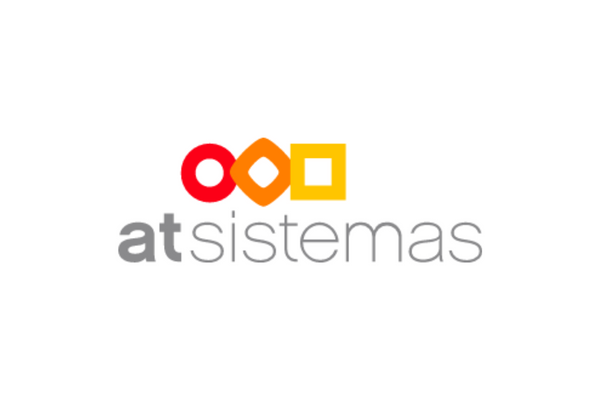 Logo of atSistemas featuring the company name in gray text and colorful geometric shapes (circle, rhombus, and square) in red, orange, and yellow above the text on a white background.