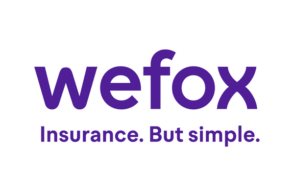 The wefox logo in purple text with the tagline 'Insurance. But simple.' displayed below the company name on a white background.
