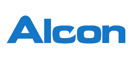 Alcon logo in blue, representing the company's modernization with AWS. The image displays the stylized text 'Alcon' on a transparent background.