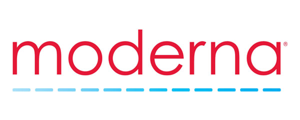The Moderna company logo in red text with a blue dashed line underneath, 2018 version.