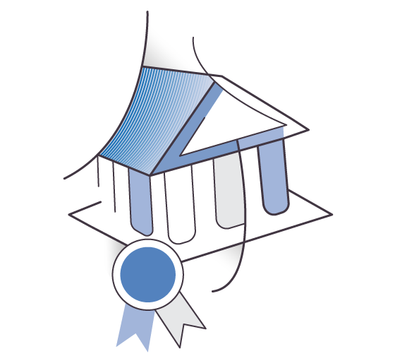 An illustration featuring a graduation cap and diploma in blue tones, symbolizing higher education and academic achievement.