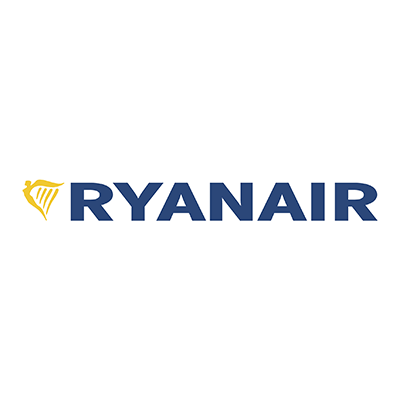 Ryanair logo with blue text and a yellow harp symbol on a white background.